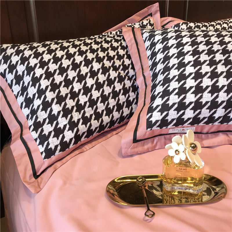 Princess Style Cotton Velvet Bedding Set - 4 Pieces, Pink Houndstooth, Multiple Sizes