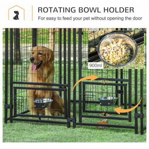 Outdoor Dog Kennel with Rotating Bowl Rack and Waterproof UV-Resistant Awning - Walk-In Pet Playpen