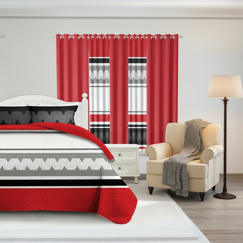 9-Piece Geometric Bedding and Curtain Set - Heavyweight Quilt & 6 Panels
