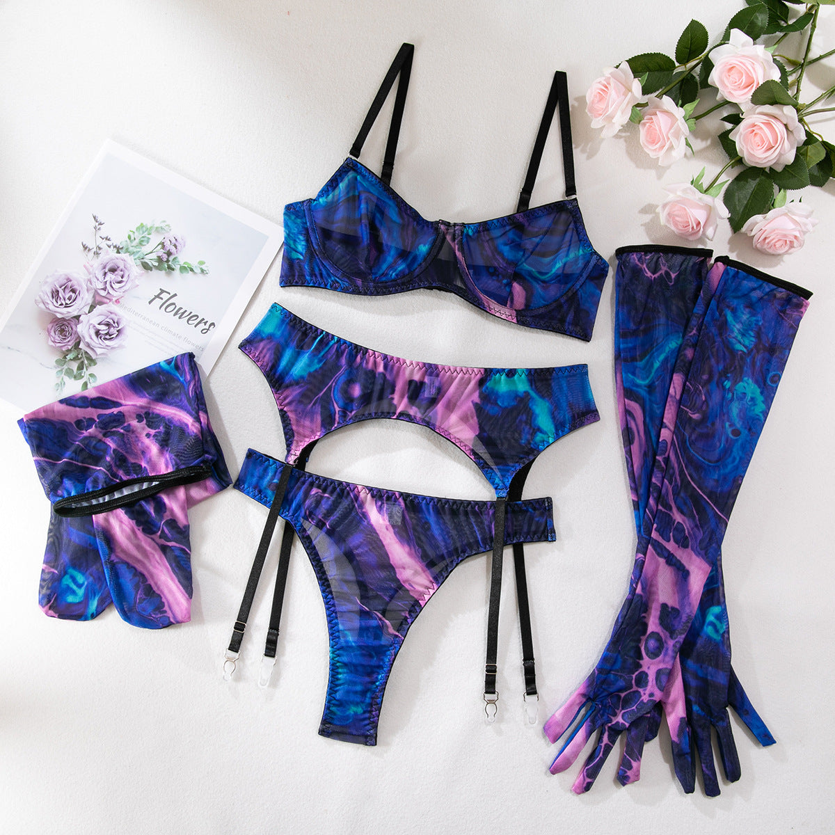 Push Up Printed Mesh Tape Gloves & Leg Warmers Women's 5-Piece Set