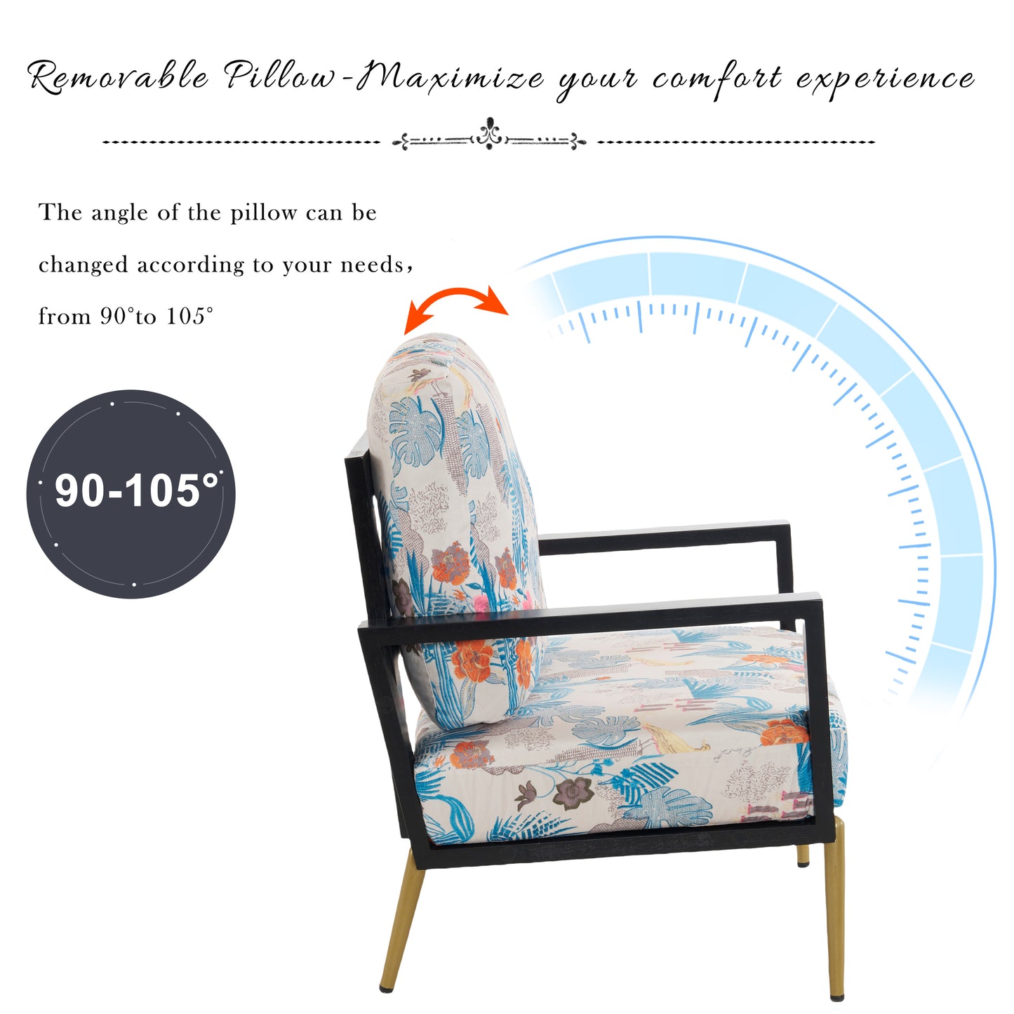 Floral Velvet Accent Chair with Solid Wood Frame - Blue