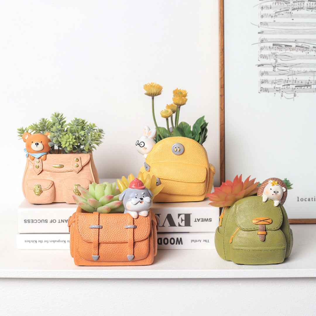 Cartoon Animal Resin Flower Pot Backpack Pen Holder for Desktop Storage