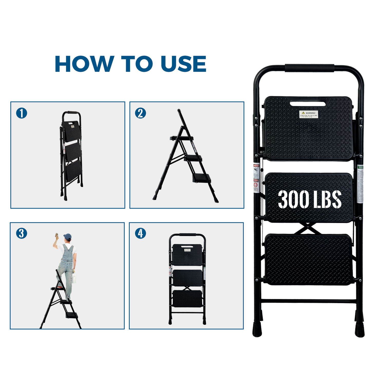 3-Step Folding Step Ladder with Anti-Slip Pedals - Black