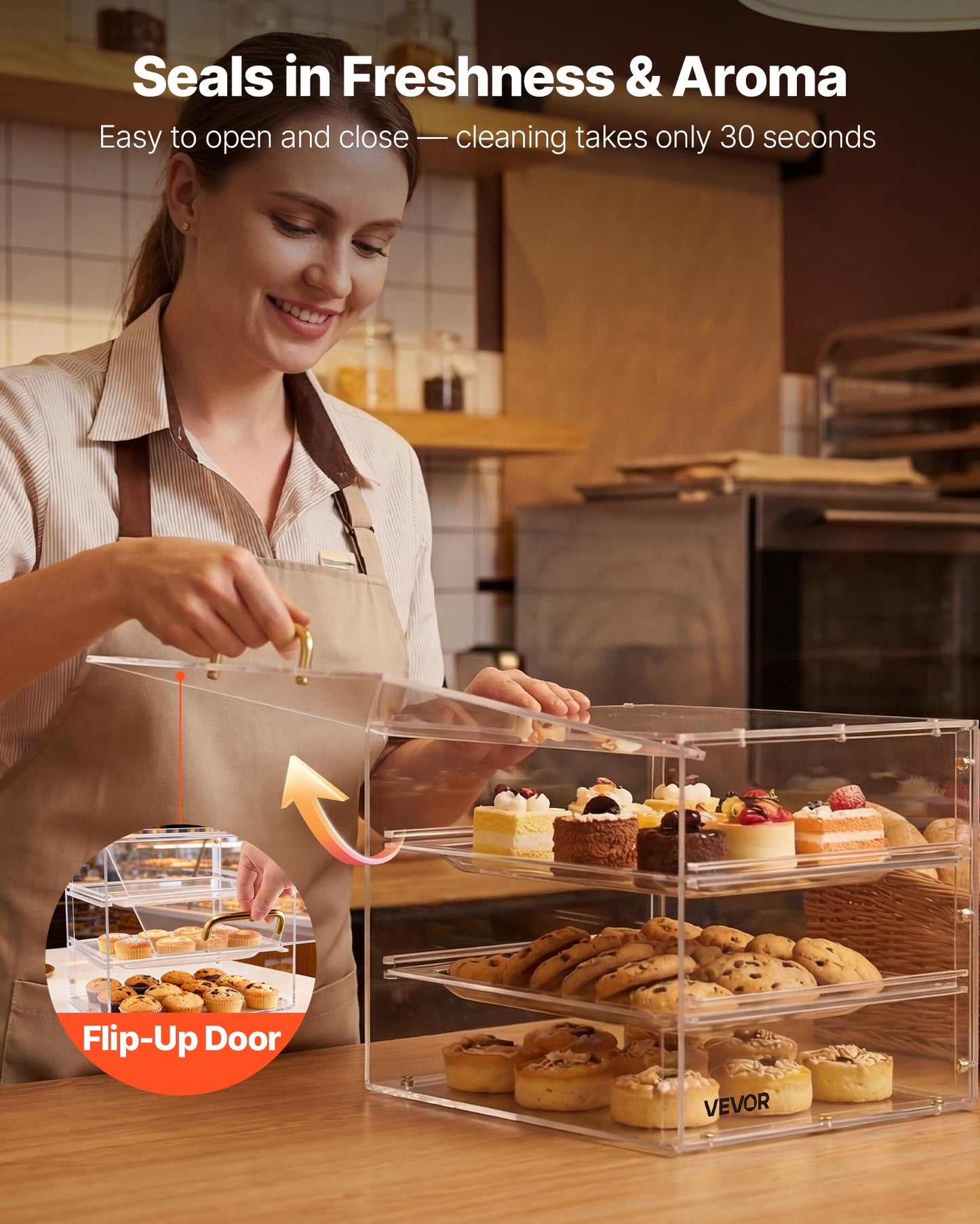 Clear Acrylic Bakery Display Case 3-Tier Pastry Counter with Flip-Up Door