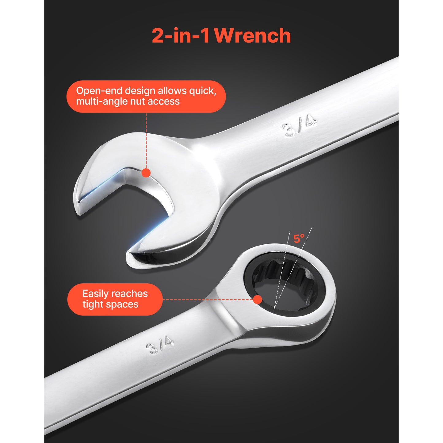 26-Piece Combination Wrench Set with Open End & Ratcheting Design - SAE & Metric, Cr-V Steel, Organizer, Clear Size Labels