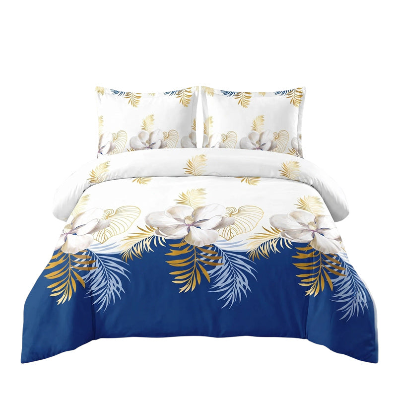 3-Piece Navy Blue & Gold Tropical Floral Duvet Cover Set
