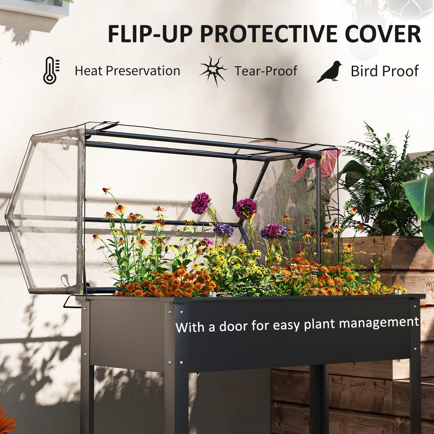 Elevated Garden Bed with Greenhouse Cover - Raised Vegetable Planter, Black