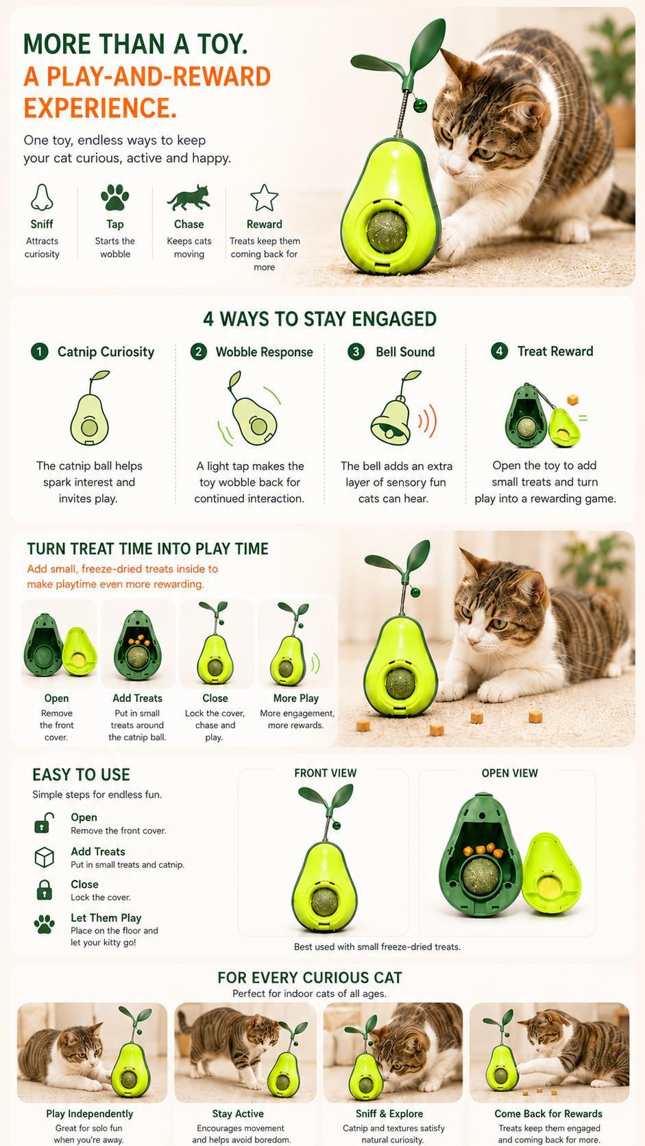 Avocado-Shaped Cat Interactive Wobble Toy with Feather & Catnip Ball - Indoor Pet Toy