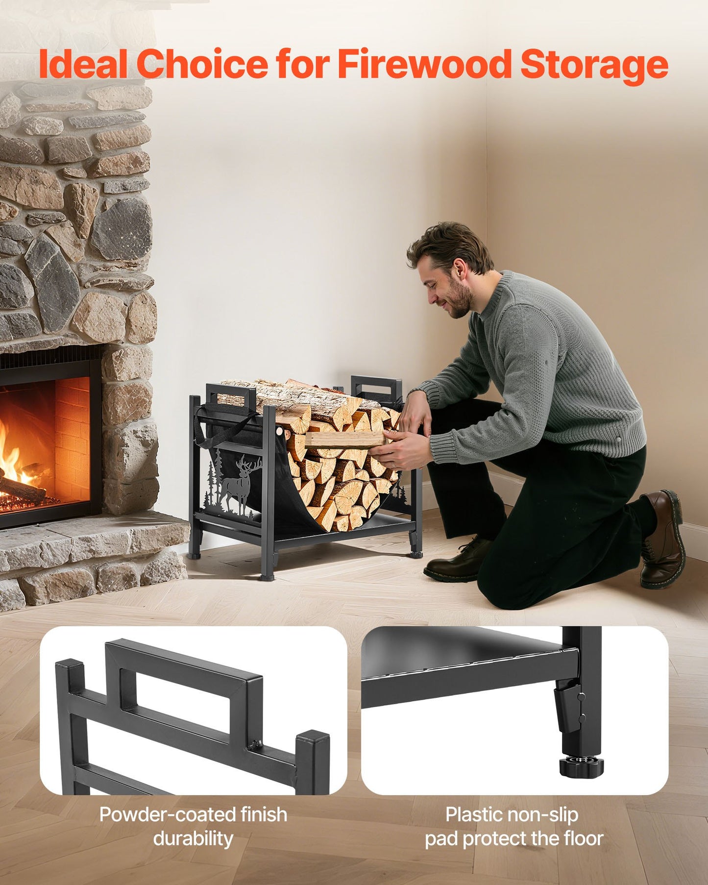 Heavy Duty Firewood Rack with Canvas Log Carrier - 1.5 Ft Steel Indoor Wood Storage Stand