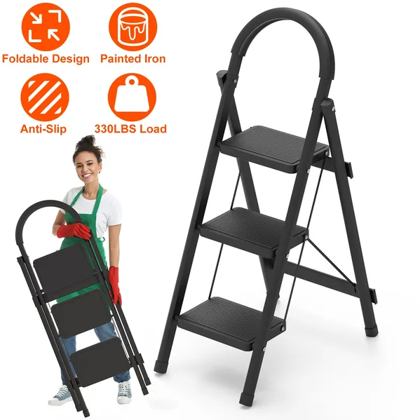 Foldable 3-Step Ladder with 330lbs Load Capacity, Lightweight Steel Construction