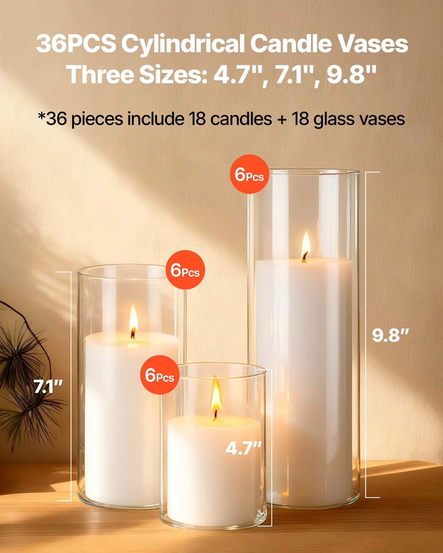 Set of 36 Clear Glass Vases and Pillar Candles for Wedding & Event Decor
