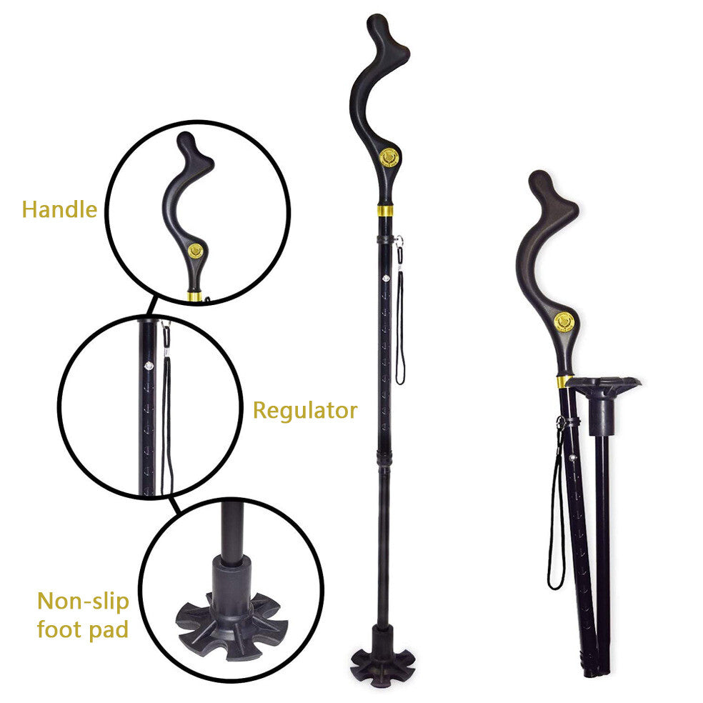 Adjustable Height Folding Walking Stick Cane - Black