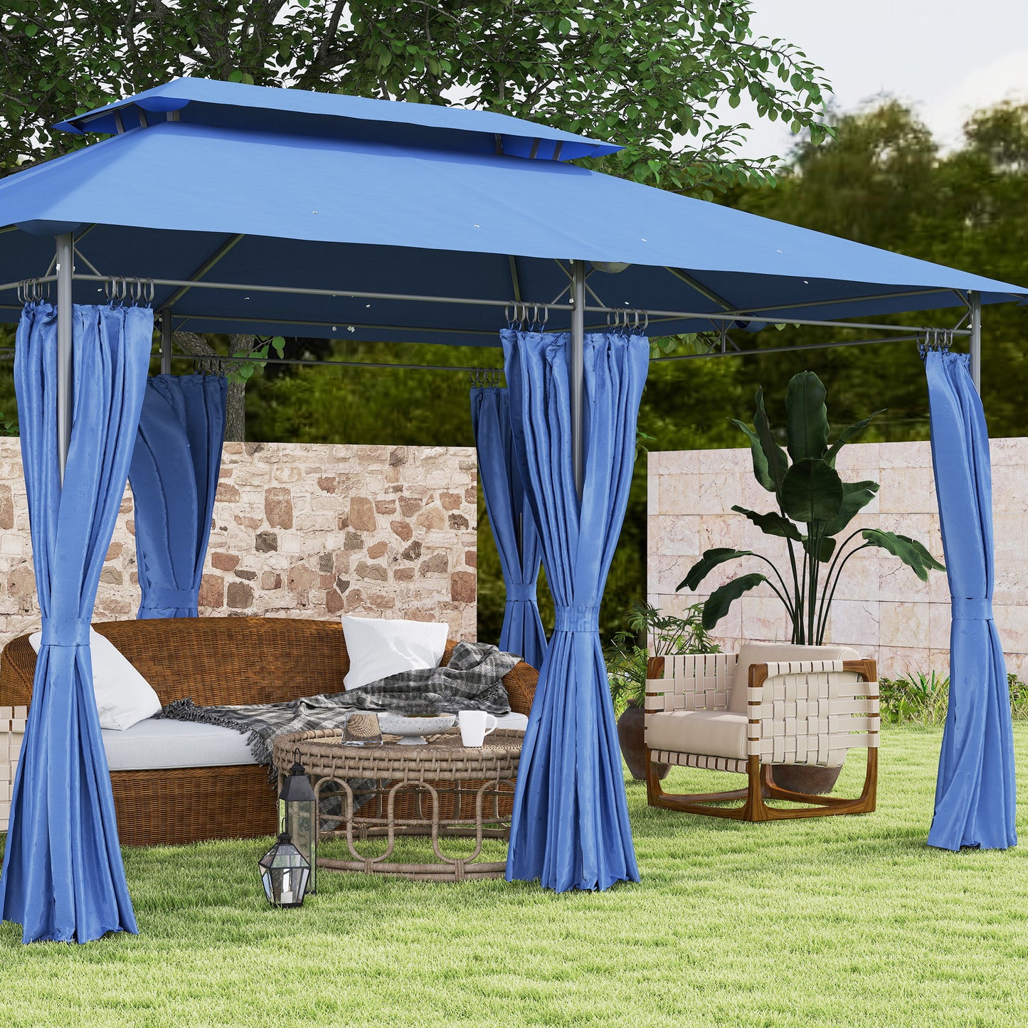 Outdoor Gazebo with Curtains - 10x13 Double Roof, Dark Blue