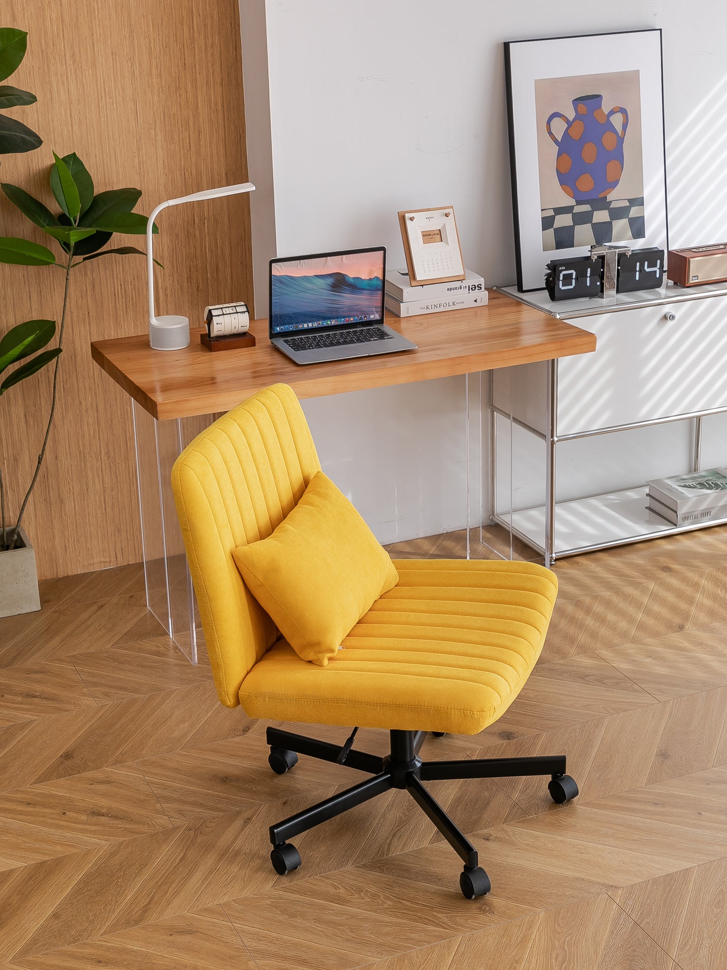 Yellow Linen Criss Cross Office Chair with Wheels - Ergonomic Design