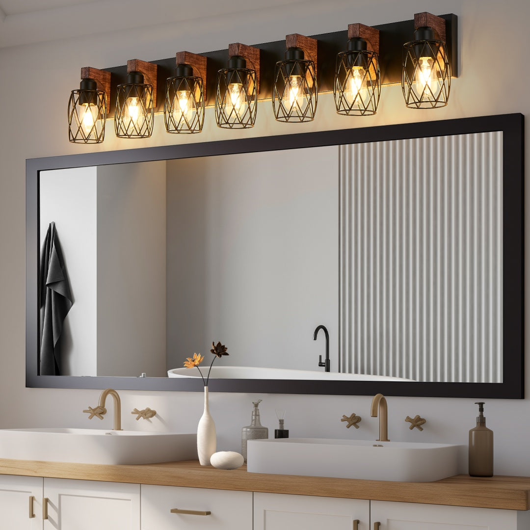 Vintage Industrial 7-Light Wall Sconce - Black Cage & Wood Accents