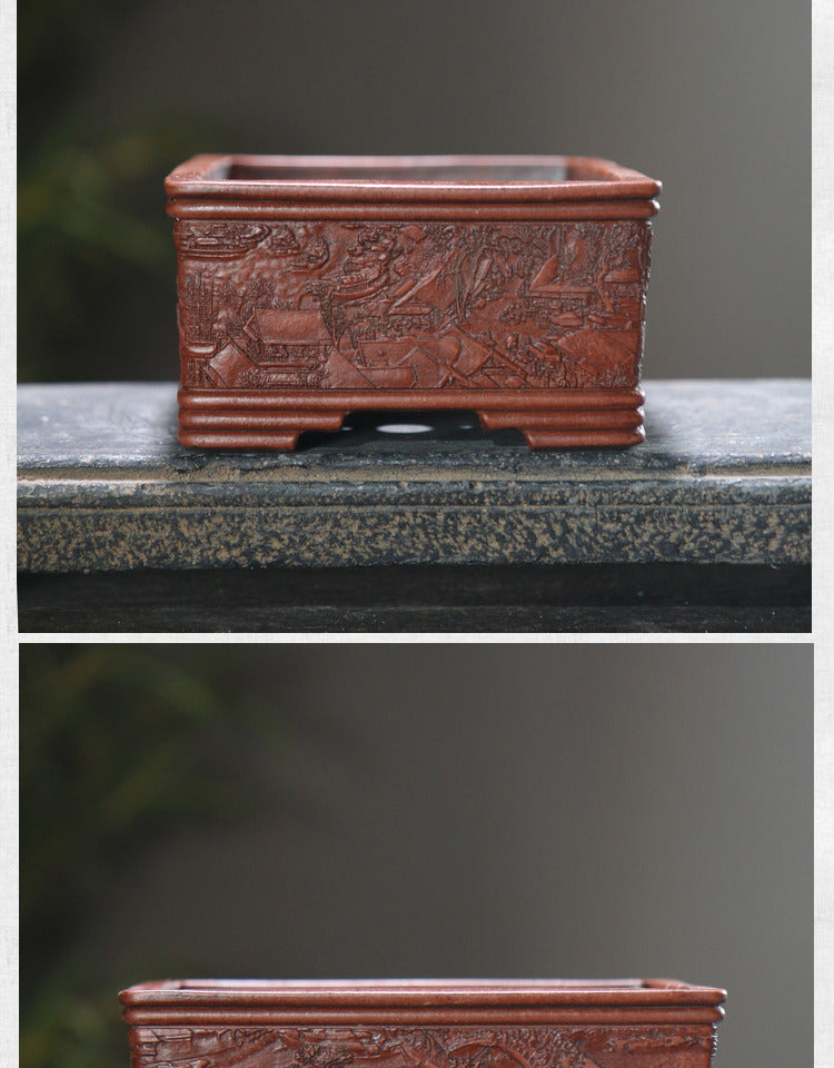 Rotating Rectangular Ceramic Flower Pot Set with Bamboo Basin - Classic Garden Decor