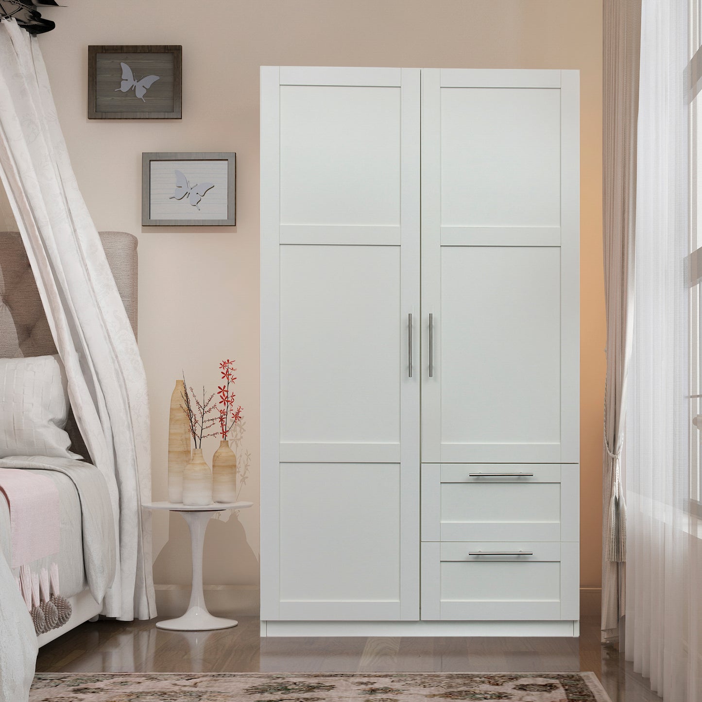 High Wardrobe and Kitchen Cabinet with 2 Doors and 2 Drawers - White
