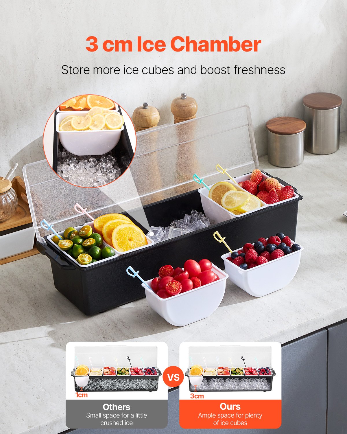 Chilled Condiment Server with Lid - 6 Compartment Serving Tray