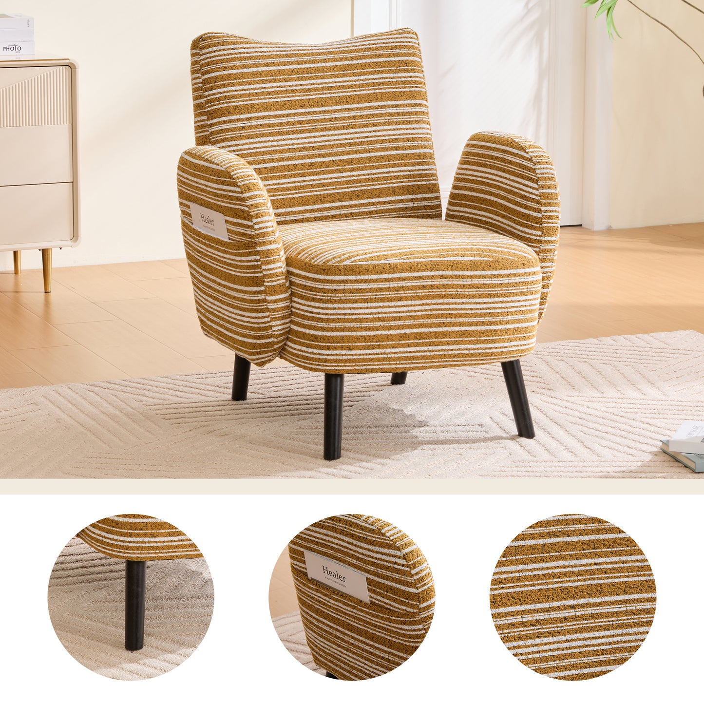 Comfortable Modern Armchair with Side Storage Pocket - Mustard Yellow