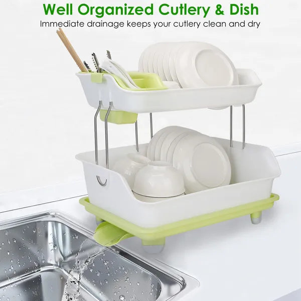 2-Tier Dish Drying Rack with Cutlery Holder - Green & White