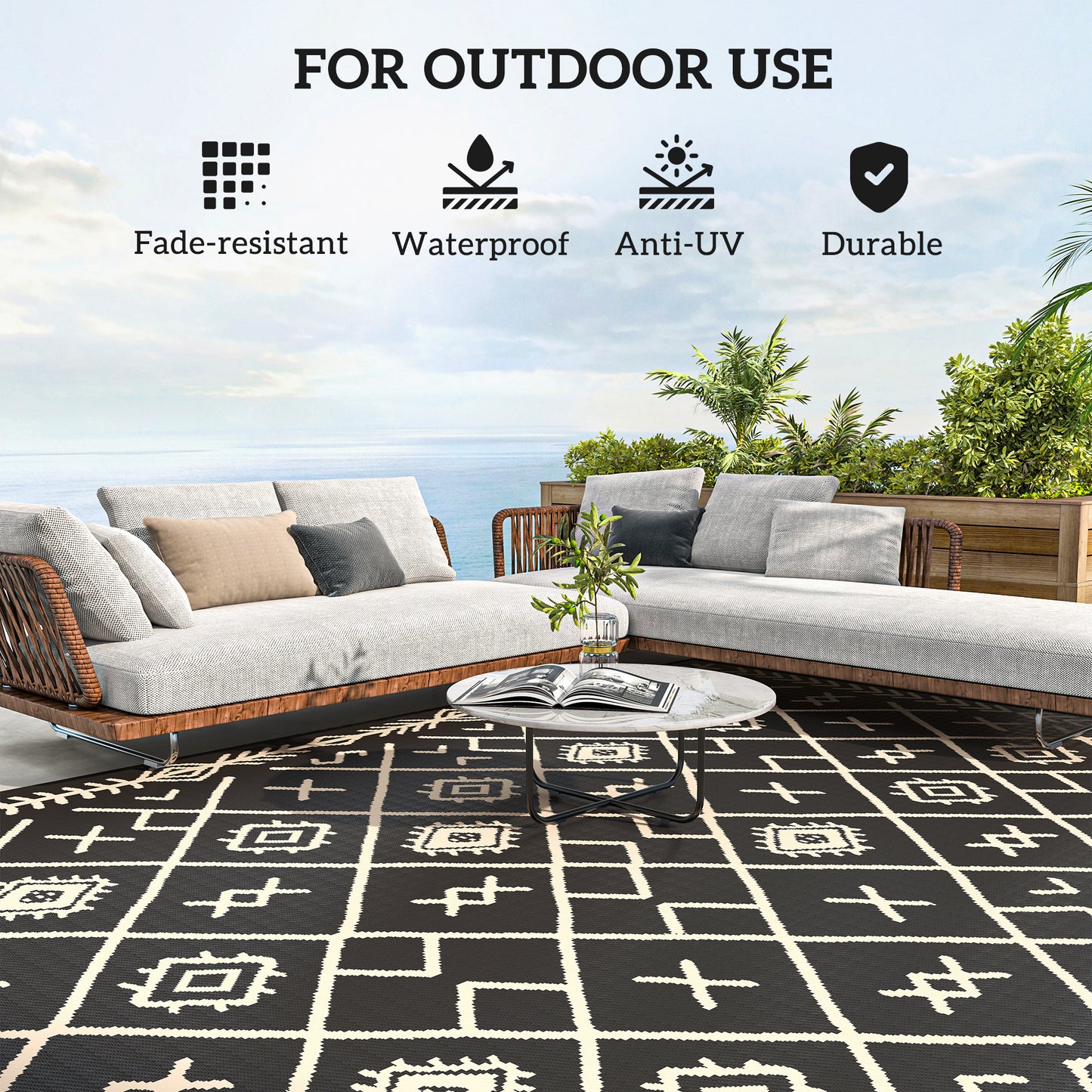 Reversible Outdoor Rug - Waterproof Plastic Straw, 9' x 12', Black & Beige Rhombus