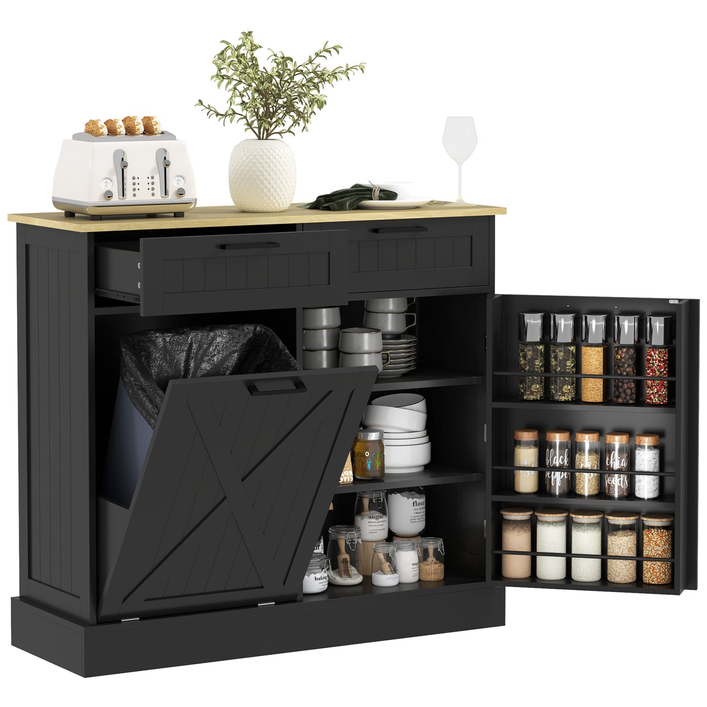 Tilt-Out Trash Can Cabinet with 2 Drawers - Black Farmhouse Style