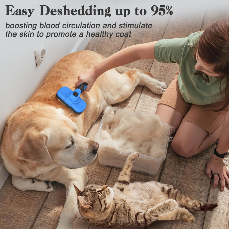 Self Cleaning Slicker Brush for Dogs & Cats - Gentle Deshedding Grooming Tool - Blue
