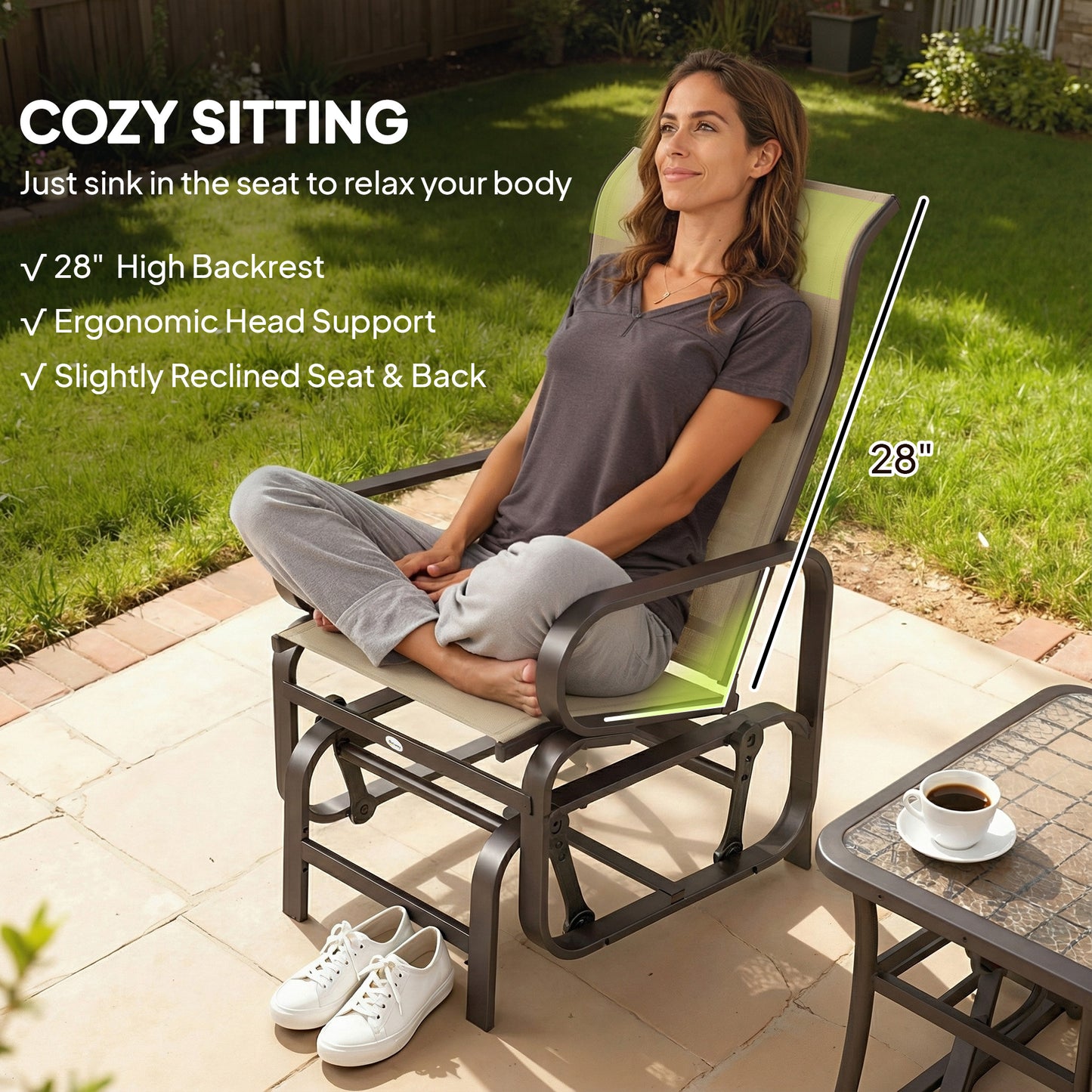 Outdoor Glider Chair Set of 2 - Lightweight Metal & Mesh - Khaki
