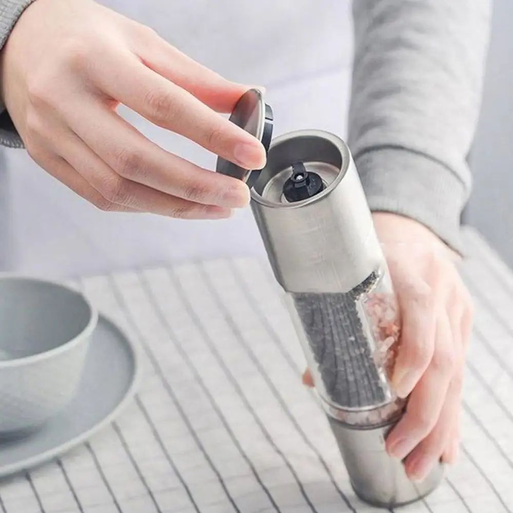 Salt and Pepper Grinder Set 2-in-1 Stainless Steel Manual Spice Mills Adjustable Ceramic Grinding Kitchen Tool Silver