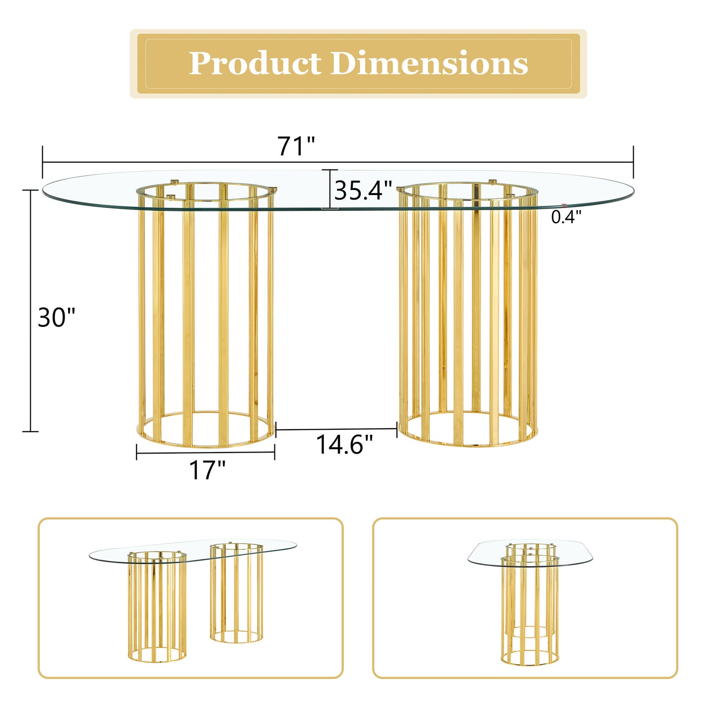 71 Inch Oval Tempered Glass Dining Table, Gold Double Column Light