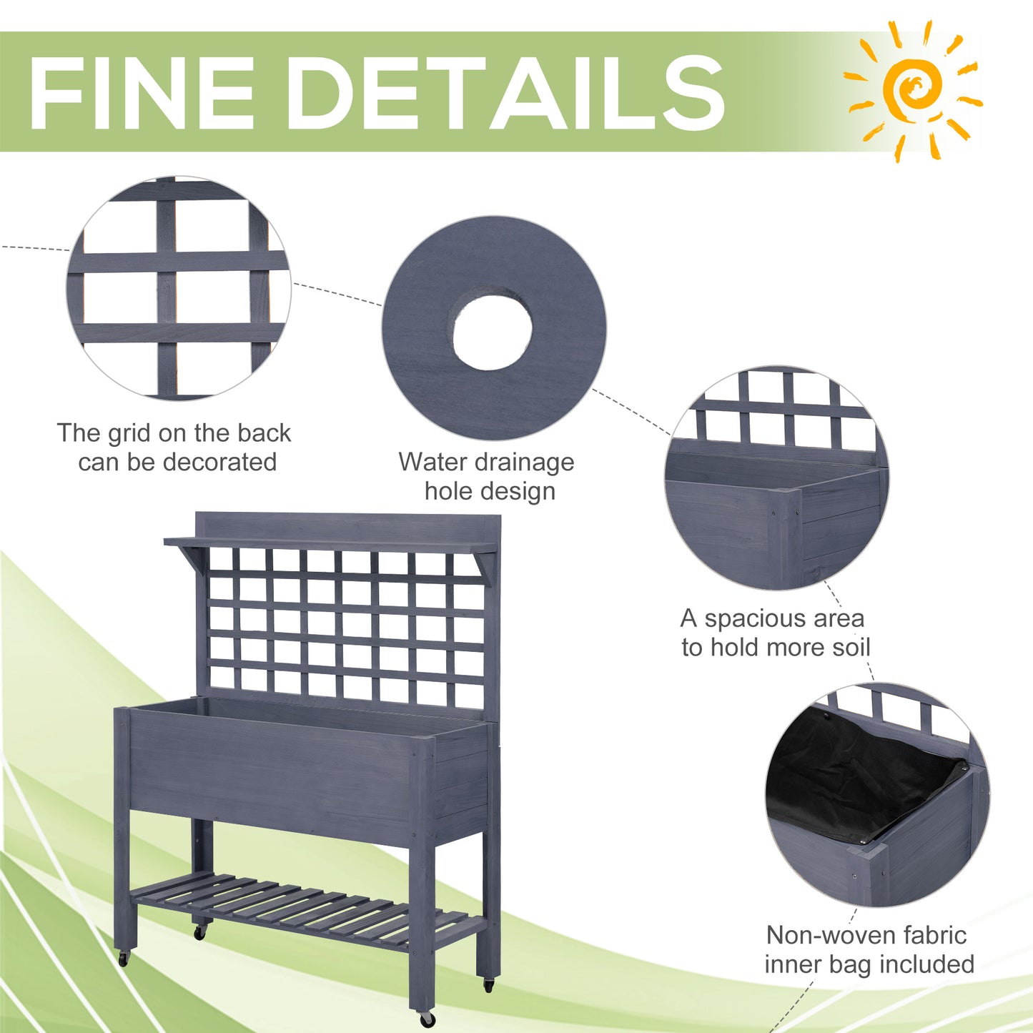 41-Inch Elevated Wooden Garden Bed with Wheels and Trellis - Gray
