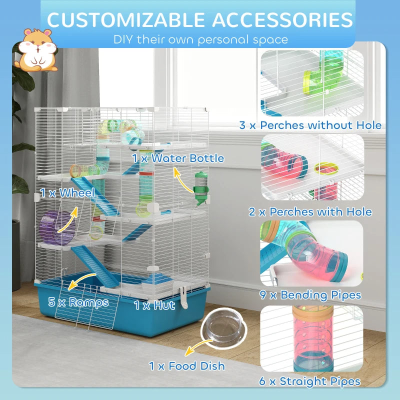Multi-Tier Hamster Cage with Tubes and Accessories - Light Blue