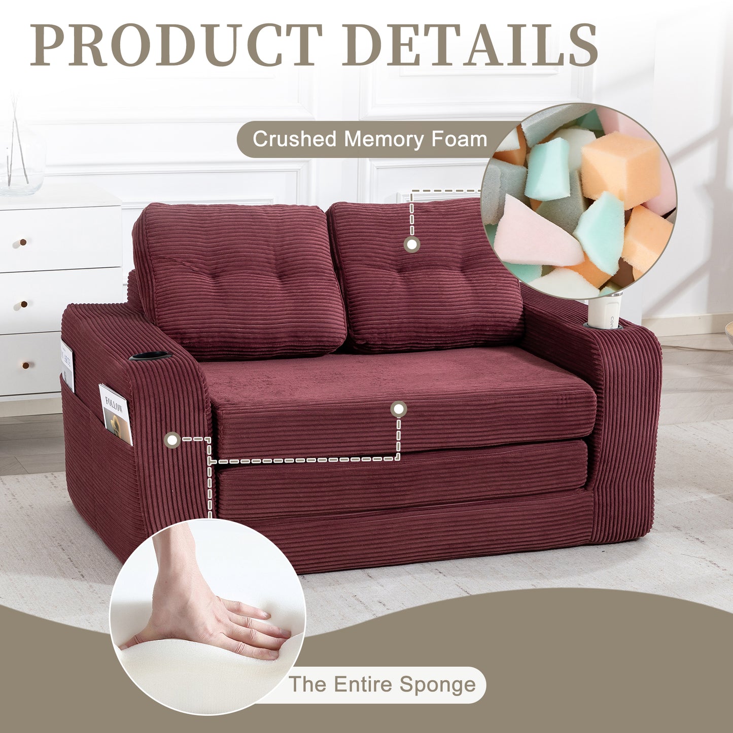 Convertible Sofa Bed - Expandable 2-in-1 Floor Couch with Pillows, Wine Red