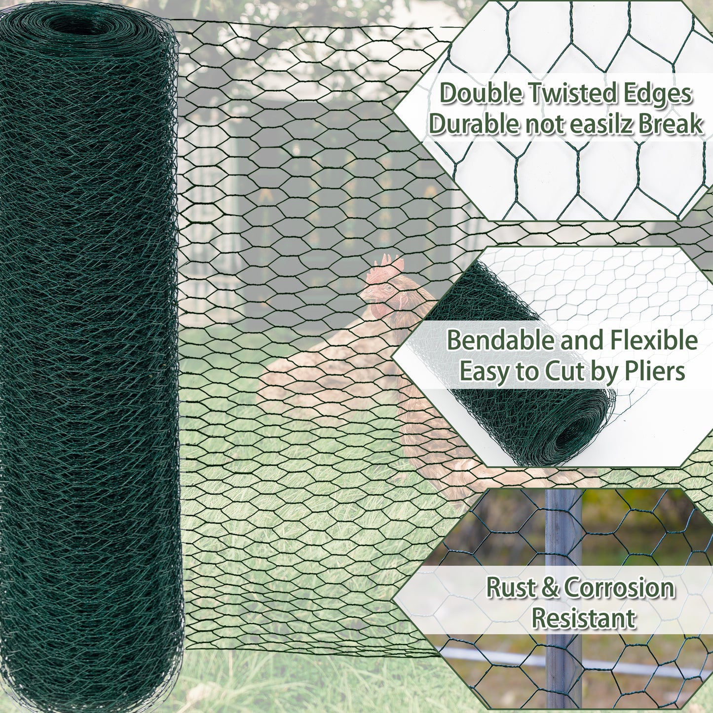 Galvanized Hexagonal Green Chicken Wire - 3.6ft x 157.5ft