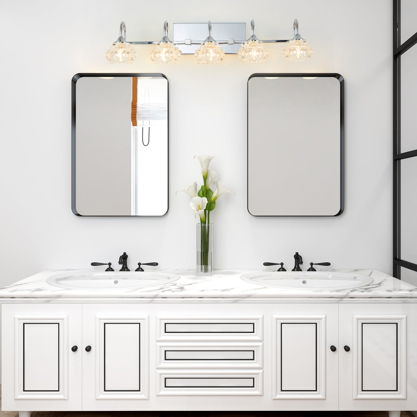 Nickel Finish Vintage Crystal Vanity Light - 5-Light Bathroom Fixture with Glass Shades