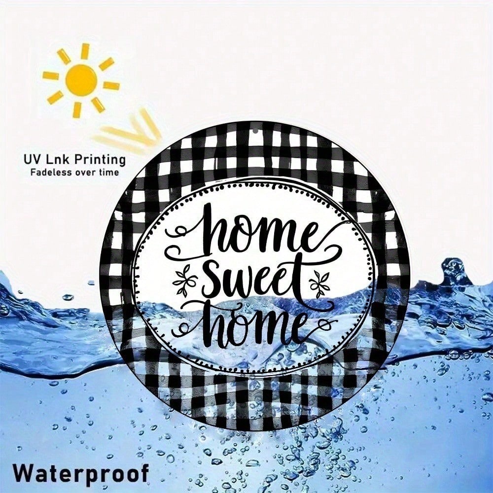 Checkered Round Metal Sign - Home Sweet Home Wreath, 8in