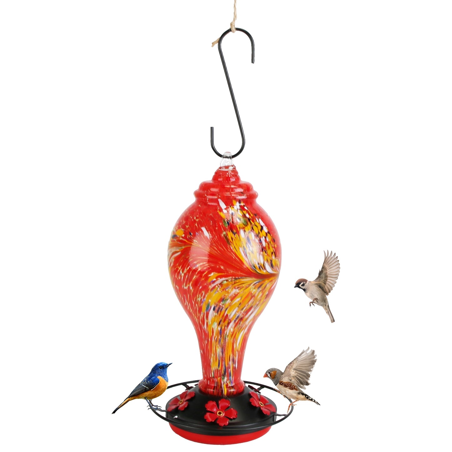 Glass Hummingbird Feeder 33OZ with 5 Flower Feeding Ports & Ant Moat - Garden Decor
