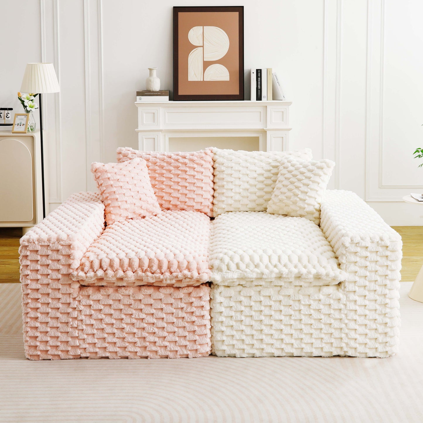 Luxury Pink & White Velvet Multifunctional Sofa - 4-Seater