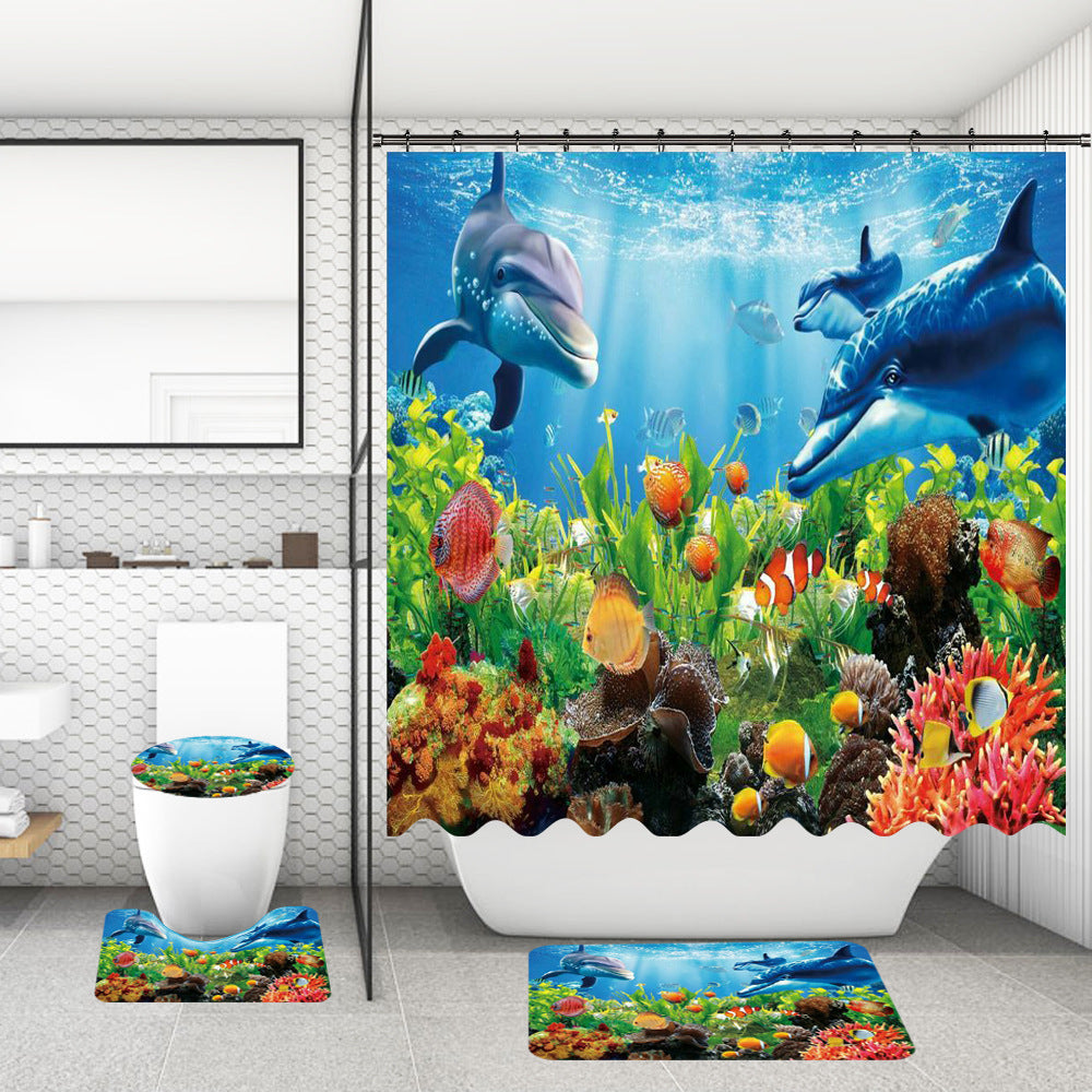 Bathroom Shower Curtain and Floor Mat Set Ocean World Printing - 4 Piece
