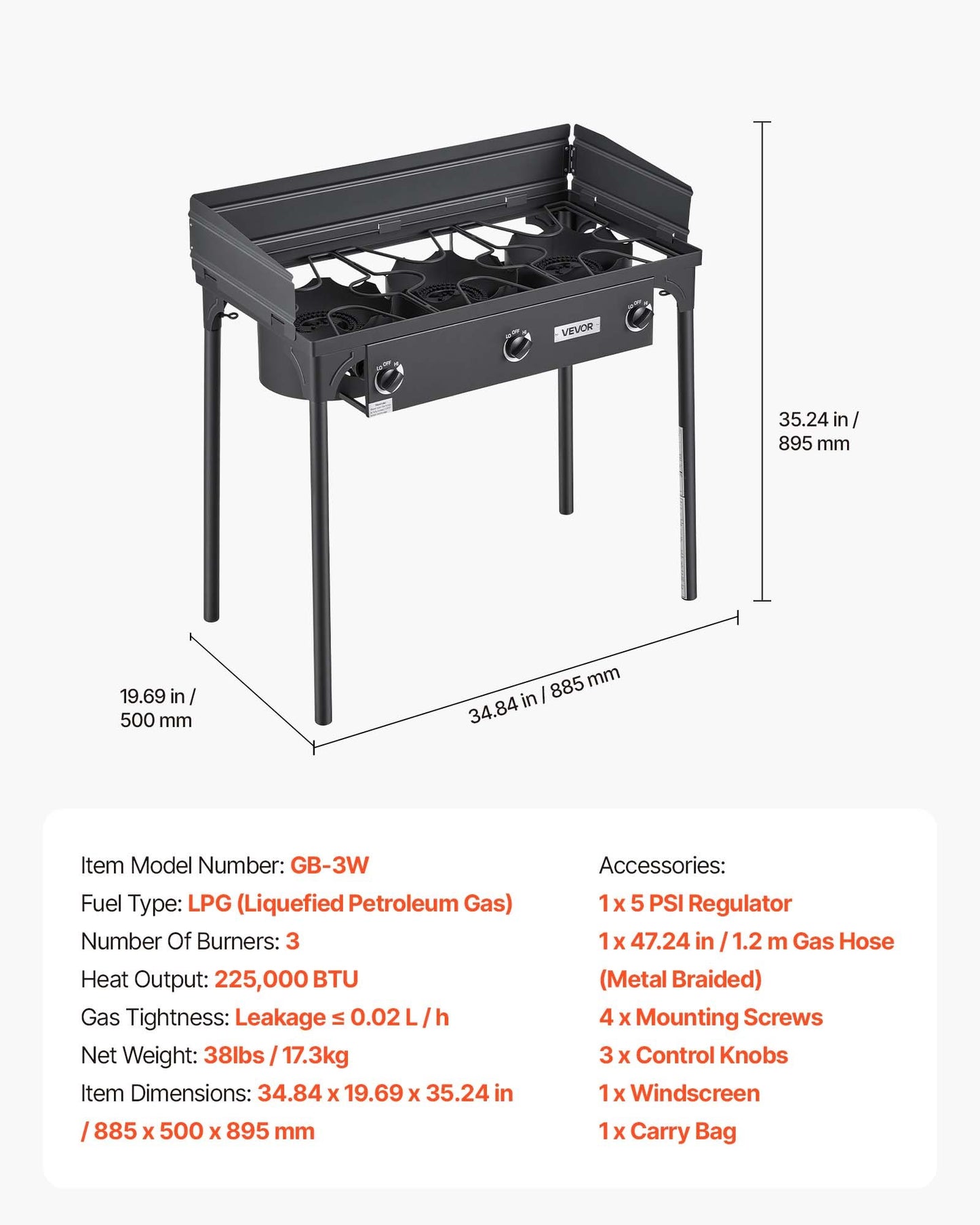 Outdoor Propane Gas Stove 3 Burners 225,000 BTU Heavy Duty Steel Camping Cooker
