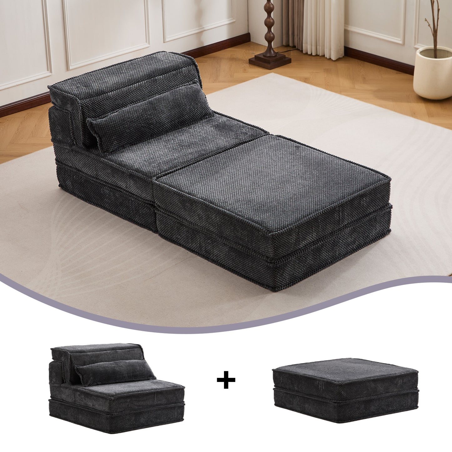 Convertible Floor Sofa Bed - Oversized Single Seater - Dark Grey