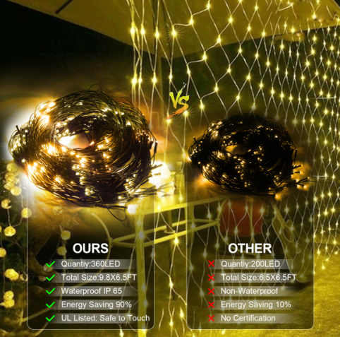 360-Degree LED Christmas Net Lights - 9.8ft x 6.5ft - Yellow