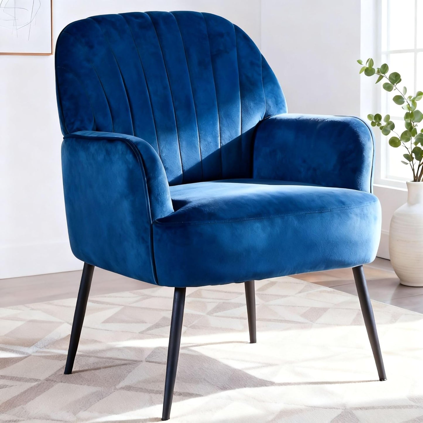 Modern Velvet Accent Chair - Comfy Barrel Armchair in Blue