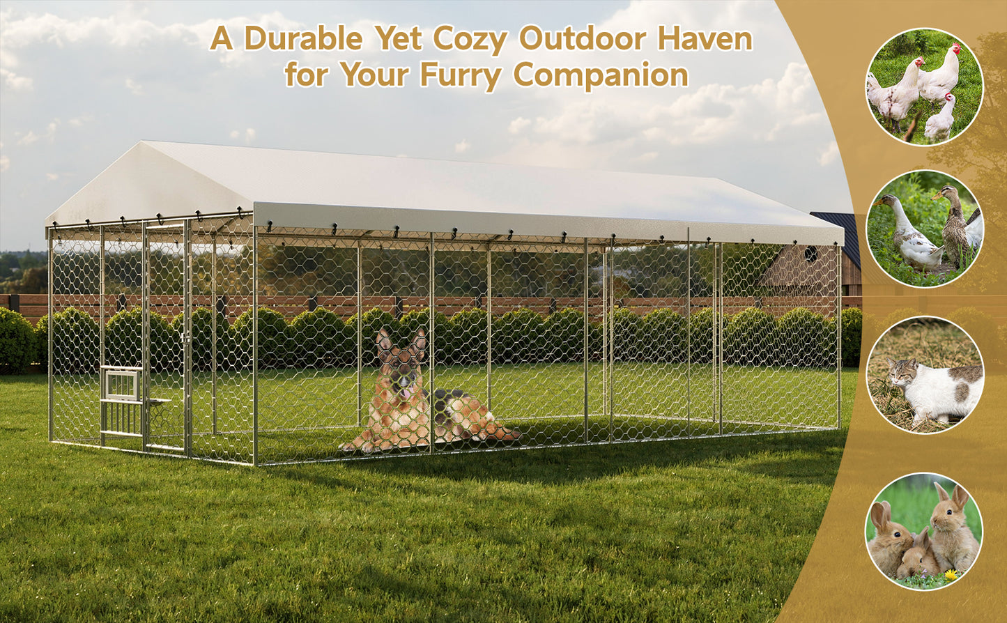 Large Outdoor Dog Kennel with Canopy - Heavy Duty Galvanized Steel Frame, Waterproof Cover, Elevated Feeders, Escape-Proof Lock - 20x10 ft