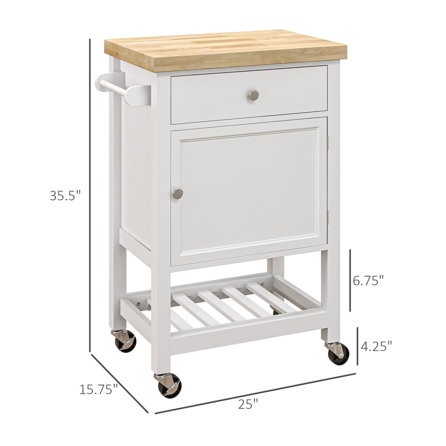 Rolling Kitchen Cart with Rubberwood Top, Drawer, and Wine Rack - White