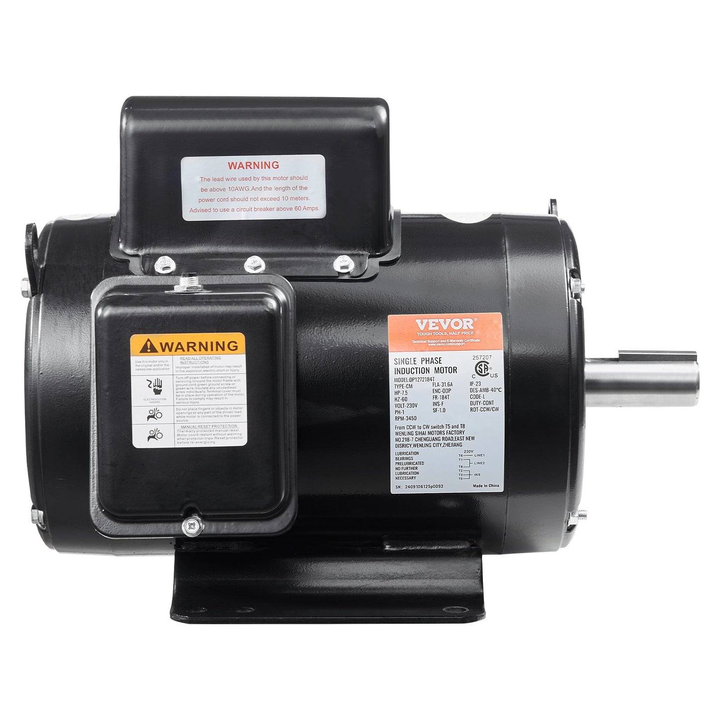 7.5HP Electric Air Compressor Motor 230V CW/CCW Rotation 184T Frame
