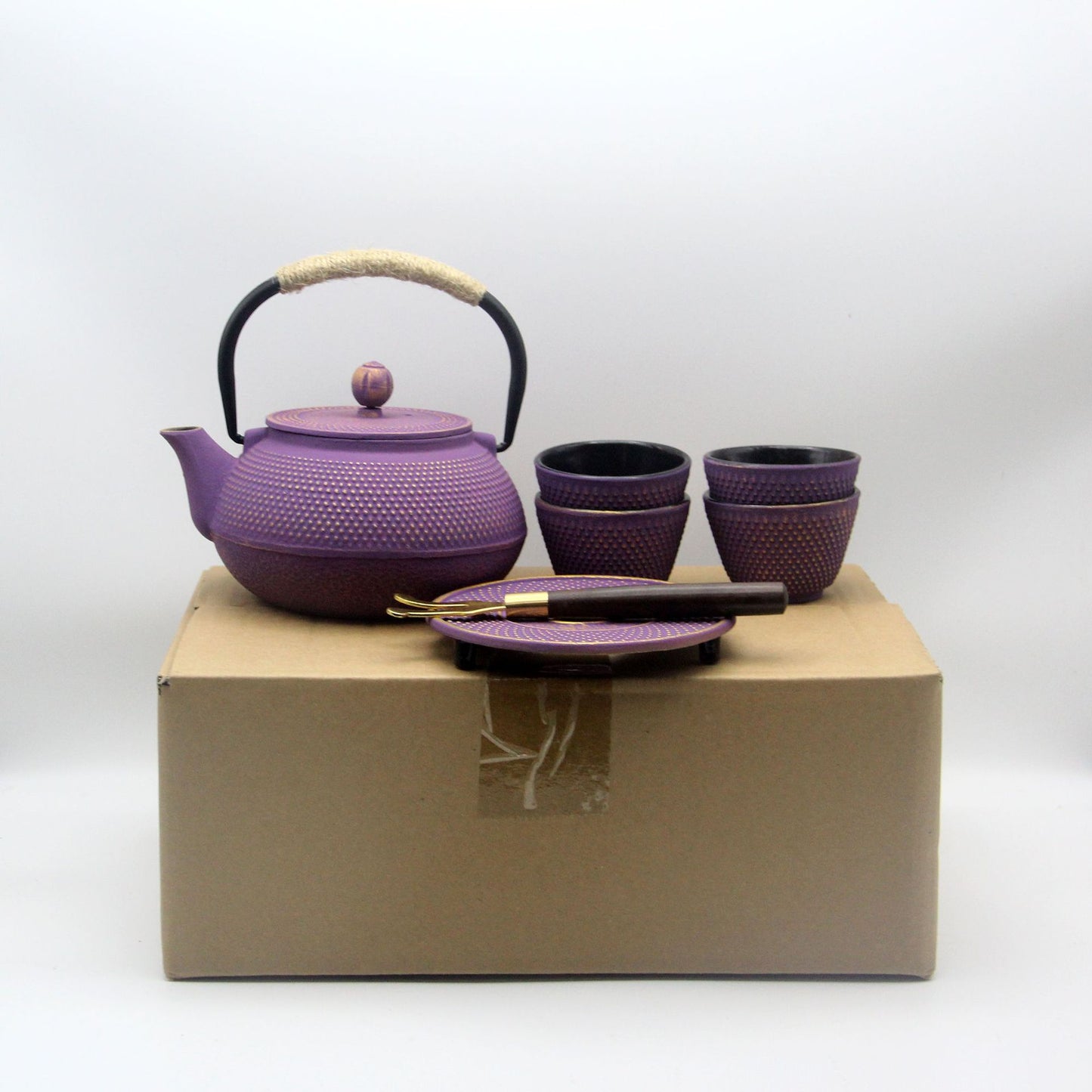 800ml Cast Iron Enamel Kettle Set with Cups and Utensils - Anti-Rust Nordic Style