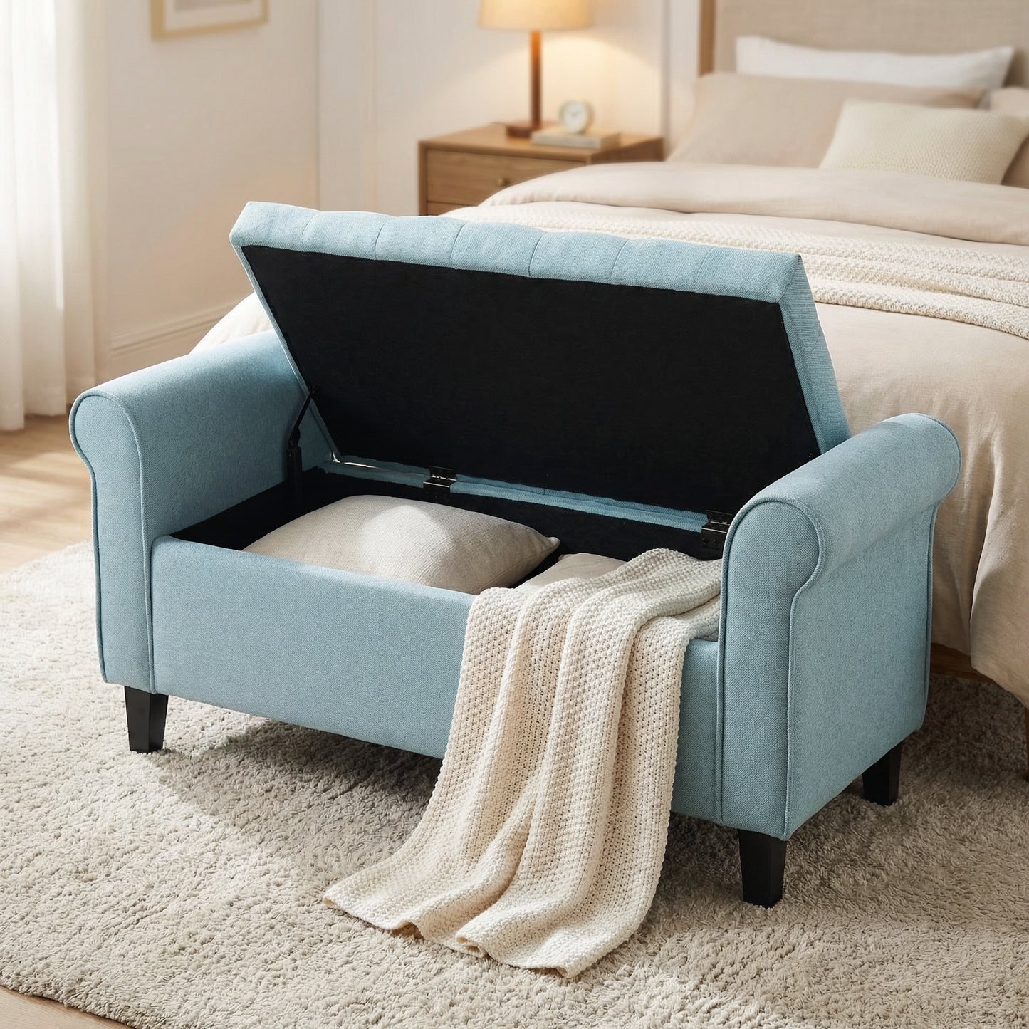 Light Blue Fabric Storage Bench with Rolled Arms - 38" Seat Width