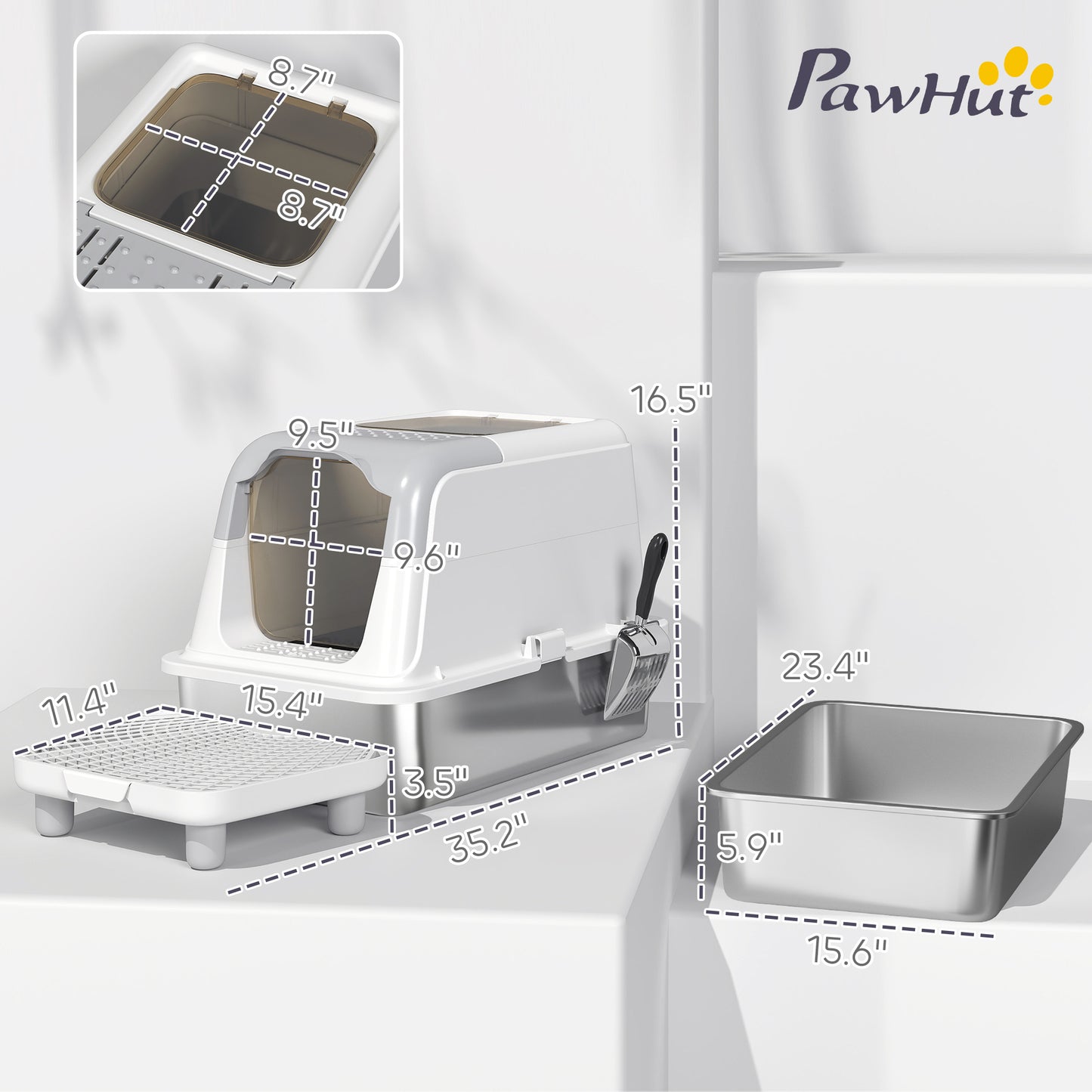 Enclosed Stainless Steel Cat Litter Box with Scoop & Pedal - Large White