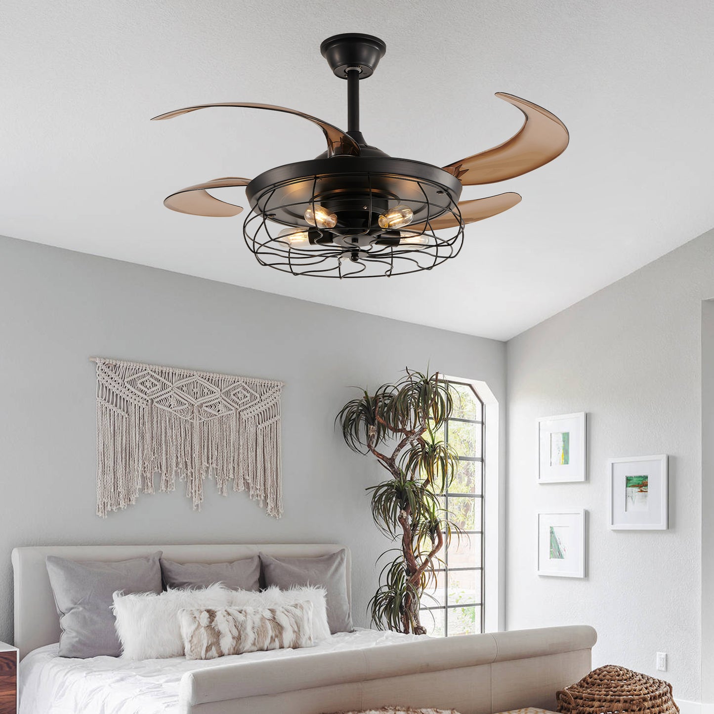 Black Remote Control Ceiling Fan - Industrial 4-Blade Design